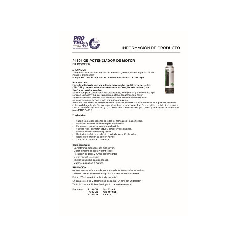 P1301 OB Potenciador de Motor Oil Booster - Imagen 2