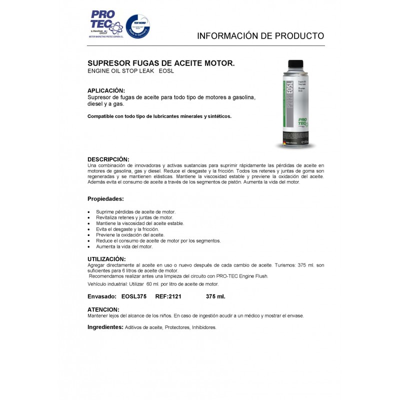 P2121- EOSL SUPRESOR FUGAS DE ACEITE DE MOTOR (ENGINE OIL STOP LEAK) - Imagen 2